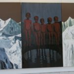 triptych of mountains and people