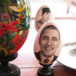 Obama and Sukarno portraits painted on eggs