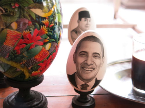 Obama and Sukarno portraits painted on eggs