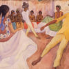 Dance in Tehuantepec / Danza en Tehuantepec, a watercolor sketch by Diego Rivera showing four dancers in the center of the watercolor