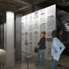 Three viewers looking at exhibits in a rendering of the forthcoming museum