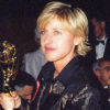 Closeup of Ellen DeGeneres holding an Emmy award