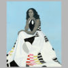 Michelle Obama depicted by Amy Sherald, with grey skintone, and black and white dress with bursts of geometric color