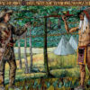 Glass mosaic depicting two white men meeting with members of the Illinois tribe.