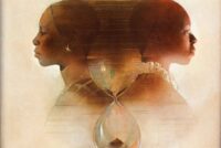 Painting from cover of book "Kindred" depicting two women's busts, back to back, with hour glass between their heads