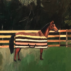 Oil painting of horse wearing striped blanket in front of wooden fence.