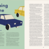 two-page spread showing an older blue car and essay title "Coming Home"