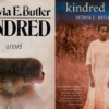 Two book covers for Kindred - one with two women facing outward with a timer between them, the other with a woman in white