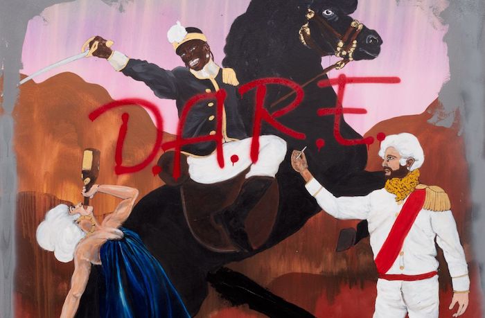 two people party while a man on a horse attacks. "DARE" is written across painting.